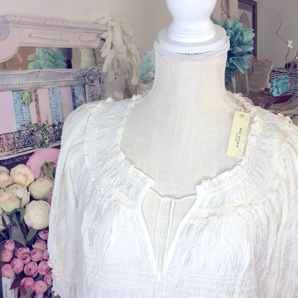 NWT✨ Max Studio London Puff Sleeve Tie Neck Gathered Elegant Cream Blouse Sm! - Picture 3 of 10